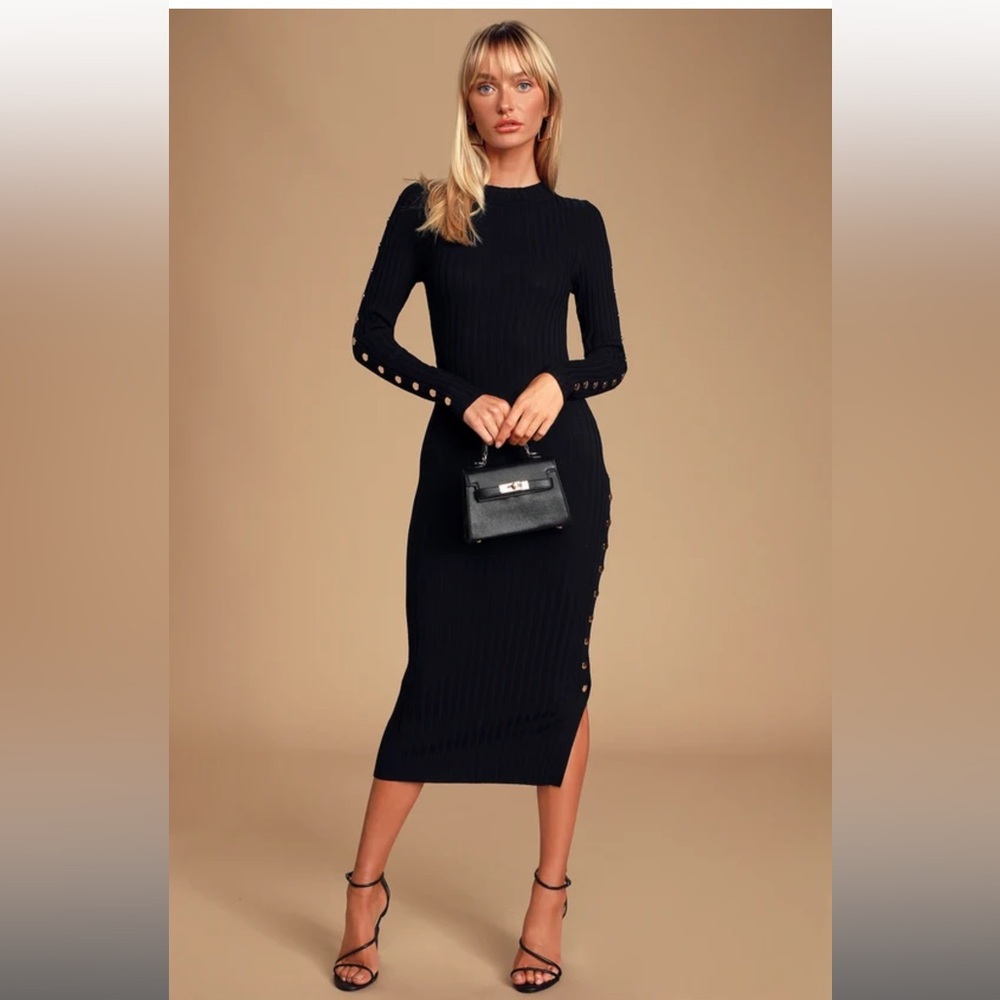 Lulus Chic Enterprise Black Long Sleeve Midi Sweater Dress Size Small